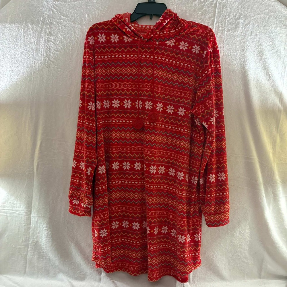 Ambrielle Sleepwear Nightgown Womens L Red Fair Isle Fleece Hooded Christmas